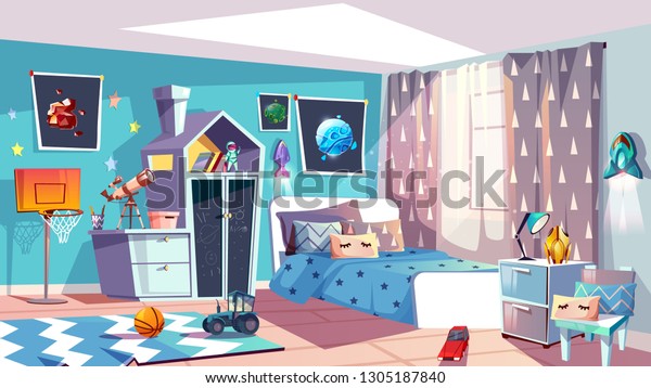 Kid boy
room interior illustration of modern bedroom furniture in blue
Scandinavian style. Cartoon slat chalkboard on house drawer, car
toy on carpet and cosmos pictures, blanket on
bed