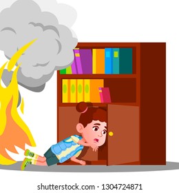 Kid Girl Climbs Into Cabinet Shelf Clothes To Hide From Smoke And Fire. Illustration