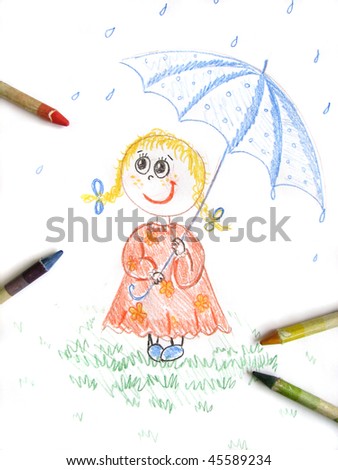 Kid Girl Umbrella Sketch Kids Colored Stock Illustration 45589234