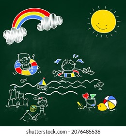 Kid Hand Drawn on Chalkboard for Family Day, Father’s Day, Mother’s Day and Children Day - Happy Family Summer Beach - Powered by Shutterstock