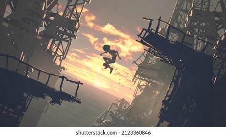 A Kid Jumping From The Ruins Of A Building Against The Sunset Scene, Digital Art Style, Illustration Painting