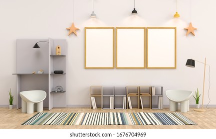 Kid Living Room With Frame For Mockup And Small Chair 3d Rendering