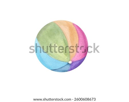 Kid multicolored Ball. Element for beach volleyball and water games. Child toy in rainbow colors. Watercolor illustration of beachball. Use for poster, sticker, print