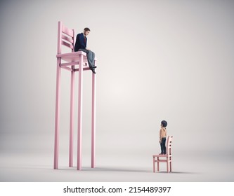 Kid On Chair Looks Up To An Adult On Bigger Chair. Mentorship And Idols Concept. This Is A 3d Render Illustration
