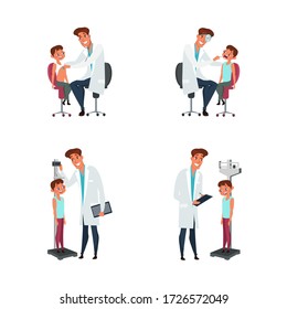 Kid And Paediatrician Illustrations Set. Doctor Measuring Child Height, Weighting Boy. Pediatrician Examining Kid With Stethoscope. Medic And Patient Characters. Doctor Appointment. Raster Copy