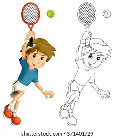 Kid playing tennis - jumping with tennis racket - with coloring page - illustration for children