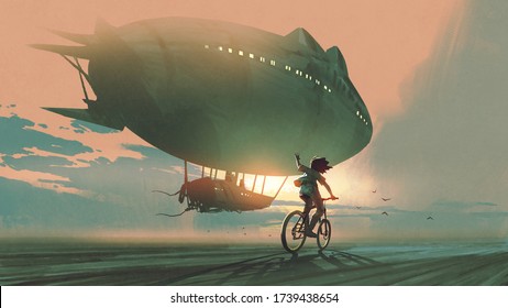 kid rides a bicycle waving good bye to the airship at sunset, digital art style, illustration painting - Powered by Shutterstock