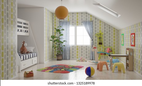 Kid Room With Many Toys And Bunk Bed Illustration 3D Illustration