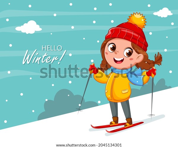 キッドスキー かわいいスキーヤーガールの漫画キャラクター ウィンタースポーツ 冬のコンセプト ストックラスターイラスト のイラスト素材