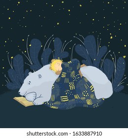 The kid sleeps under a plaid on a large polar bear. The animal reads a baby bedtime story. Cute childish hand drawn illustration.