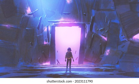 A Kid Standing In Front Of The Glowing Purple Entrance To Go To Another Place, Digital Art Style, Illustration Painting