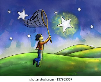 Kid Trying To Catch A Star With A Butterfly Net. Digital Watercolor.