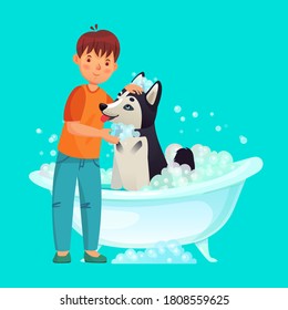 Kid Washing Dog. Pet Wash In Bathtub, Domestic Animal Clean, Character Boy With Dog In Bathroom,  Illustration