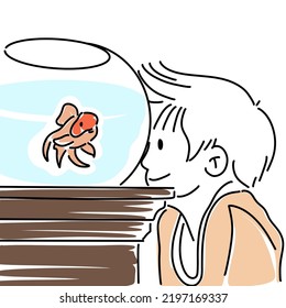 Kid Watching The Fish On Bowl