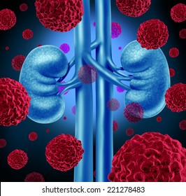 Kidney Cancer Medical Concept As Cancerouse Cells In A Human Body Attacking The Urinary System And Renal Anatomy As A Symbol For Tumor Growth Treatment And Risk.