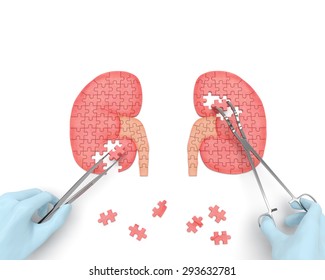 Kidneys Operation Puzzle Concept: Hands Of Surgeon With Surgical Instruments (tools) Performs Kidney Surgery As A Result Of Renal Failure (nephrism), Urinary Stone Disease, Urosepsis, Kidney Cyst