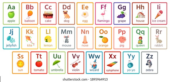 子供のabcカード 文字学習セット 英語のアルファベットと食べ物 動物 おとぎ話のキャラクターのイラストベクター画像コレクション 学校の生徒や学生向けのフラッシュカード のベクター画像素材 ロイヤリティフリー Shutterstock