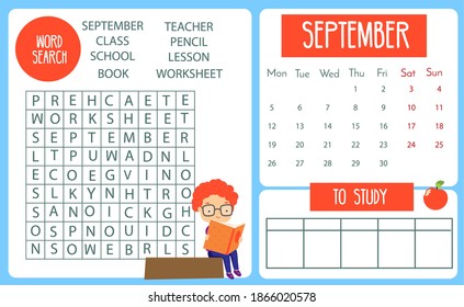 Kids Activity Calendar Series. 2021 Year. September Page With Back To School Word Search Puzzle Educational Game For Kids And Toddlers