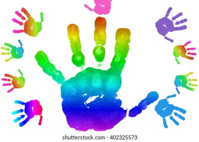 Kids Art And Craft Colorful Hand Prints In Rainbow Isolated On White Background