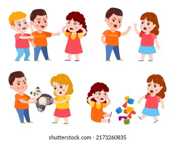 Kids Bad Behavior. Boys Making Grimace And Offend Crying Girl, Sibling Argue Or Quarrel. Friends Fighting Over Toy. Aggressive Characters Having Conflict, Bullying Children  Set