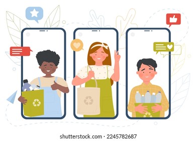 Kids with bag, box with recycle sign and dustbin on screens of mobile phones illustration. Cartoon school children holding containers with plastic bottles. Environmental awareness concept - Powered by Shutterstock