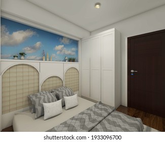 Kids Bedroom Design With Nautical Style. Using Headboard Cushion With Sky Wallpaper And White Wardrobe Clothes. Using Parquet Flooring And Simple Bed Cover. 3d Rendering, 3d Illustration. 