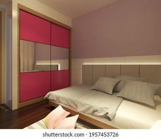 Kids Bedroom Design In Vintage Style. Using Parquet Flooring, Comfortable Bed Cover, Simple Headboard And Wardrobe Clothes With Pink Color. 3d Rendering, 3d Illustration. 