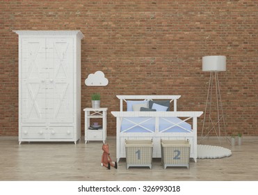 Kids Bedroom Interior 3d Rendering Image With Brick Wall, White Furniture Books And A Fox