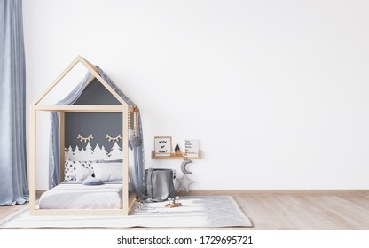 Kids bedroom mock up interior, Scandinavian style, wooden bed and pastel colors, 3D render, 3D illustration