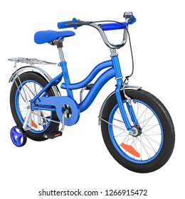 Kids Bicycle For Boys With Training Wheels, Blue Color. 3D Rendering Isolated On White Background