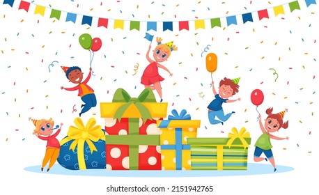 Kids birthday celebrations with pile gift boxes and balloon.  birthday party present, holiday surprise celebration illustration