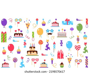 Kids Birthday Party Web Page Template With Text Space On White Background. Festive Party Elements Present Balloons Cupcakes Fire Cracker Gift Box Cake Hat Lollipop Candy Dessert Illustration.