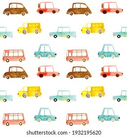 Kids Car Pattern In Doodle Style. Seamless Watercolor Pattern With Cute Vehicles For Kids Textile, Clothes, Designs, Birthday Wrapping Paper.