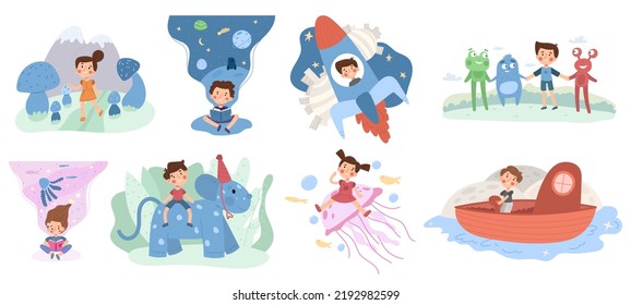 Kids Cartoon Imagination, Children Fantasy World. Cute Baby Imagine Magical Creatures Friends  Illustration Set. Childhood Imagination, Dream Adventure. Fantasy Imagination Cartoon