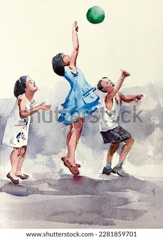 Kids in cheerful mood, playing ball in an open area and having fun done in watercolor