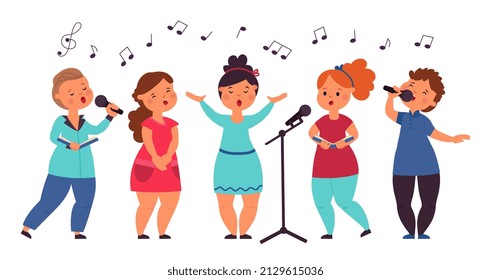 Kids Choir. Cute Singing Kid, Vocal Art Girl Singer. Cartoon Musical Children Concert, Song Show. Isolated Music Band Decent Characters