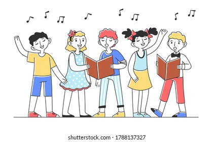 Kids Choir Singing Cheerful Song Flat Illustration. Group Of Children Singing Together In Church. Activity And Friendship Concept