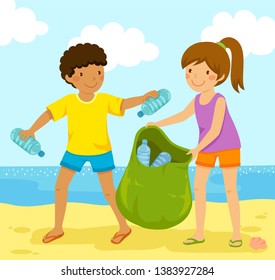Kids Cleaning Up The Beach From Polluting Plastic Bottles.