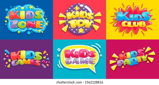 Kids Club Posters. Toys Fun Playing Zone, Children Games Party And Play Area Poster. Kid Entertainment Camp Poster, Preschool Baby Education Room Clubs Banner  Illustration Set