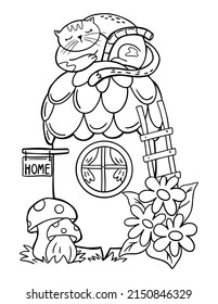 Kids coloring page and cartoon house  Cat stomach 