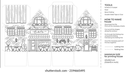 Kids Craft Paper House Coloring Page. Cut And Glue Cartoon 3D Toy Doll House. Printable Template