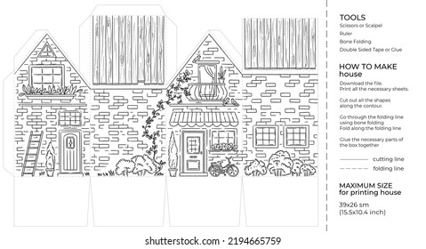 Kids Craft Paper House Coloring Page. Cut And Glue Cartoon 3D Toy Doll House. Printable Template