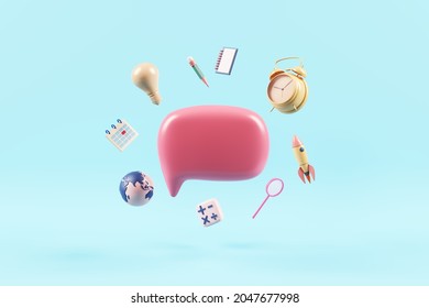 Kids Cute Pastel Pink Objects Of Learning Education. Globalization Globe Internet Rocket Spaceship Time Clock Maths Idea Imagination Pencil Social Media Connection Chat Communication. 3D Illustration.