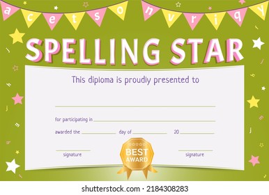 Kids Diploma. Certificate Of Winning In Spelling Competition. Award For Children. For Participating In A Language Competition. Spelling Star.