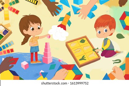 Kids do sensorial activity in Montessori class. Girl with dark hair stands and builds pink tower using pink cubes. Boy do leaf cabinet. Montessori materials concept. illustration for poster, banner