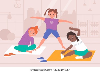 Kids Do Yoga, Healthy Physical Sport Exercises, Gymnastics Illustration. Cartoon Happy Children Characters Stretch Body On Warmup Workout In Gym Together, Girl Practicing Asana Background