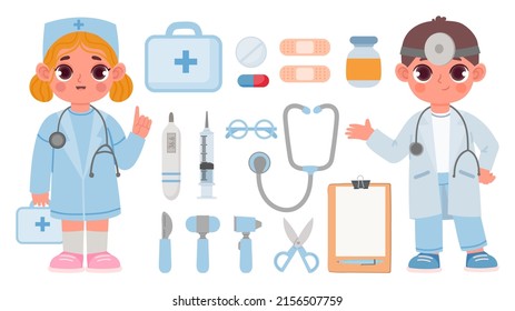 Kids doctor toys, boy and girl in medical uniform. Cartoon stethoscope, syringe, thermometer, pill and plaster for hospital play  set. Children with medical equipment for treatment