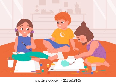 Kids draw play with joy, sitting on nursery floor illustration. Cartoon happy preschool children drawing together, paint pictures, girl child holding brush, childhood fun time background