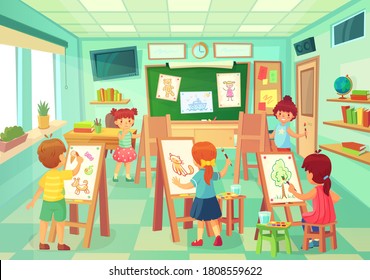 Kids drawing in art class.  art education class, illustration of drawing, children school doing lesson painting by pencil and brush - Powered by Shutterstock