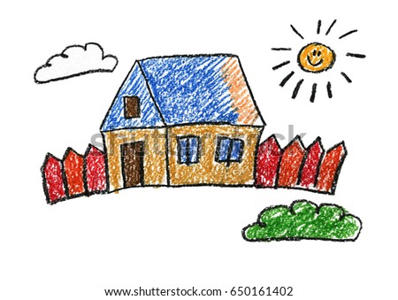 Kids Drawing Family House Village Cottage Stock Illustration